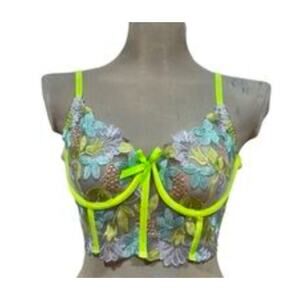 Sexy floral bustier style bralette w/neon green straps by Hello LA Girl, Large